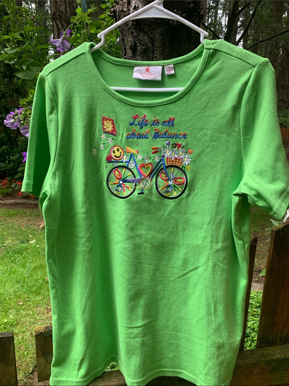 Quacker Factory  Bright Green 'Life is all about Balance' Embroidered Tee